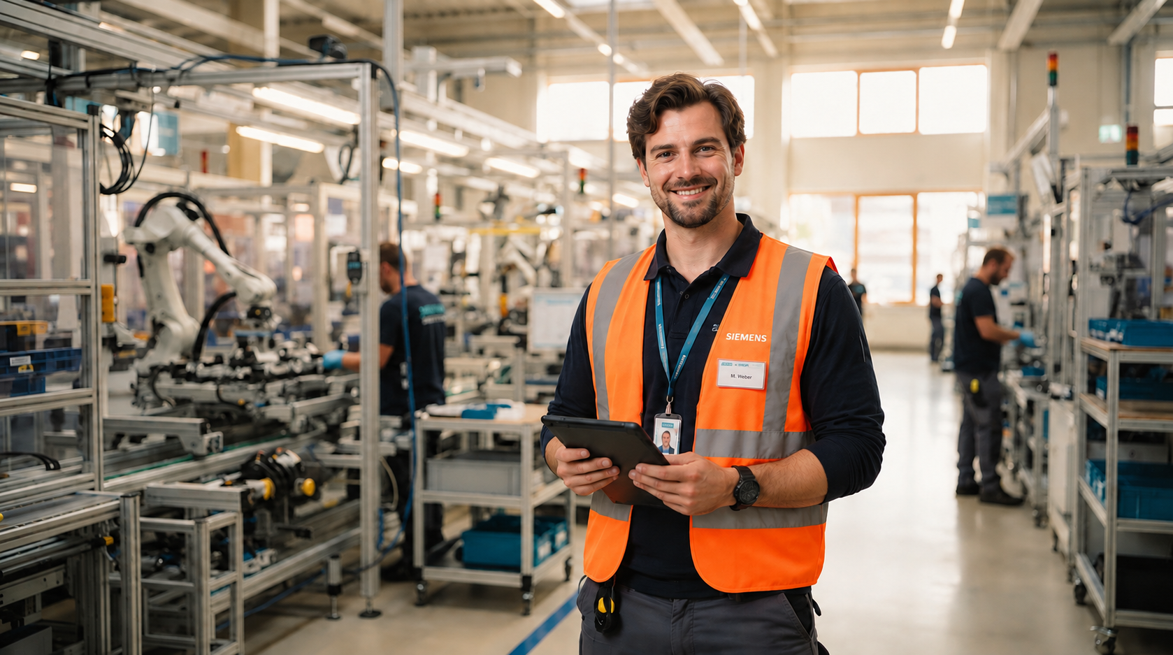 Junger Industriemeister und Schichtleiter motiviert in moderner Fertigungshalle